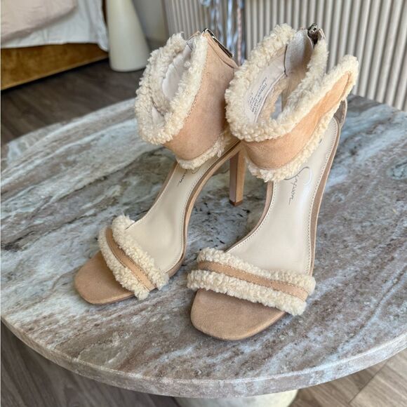 Jessica Simpson Women's Cylia Fleece Trimmed Heeled Sherpa heels Sandals 7.5 - Picture 10 of 11